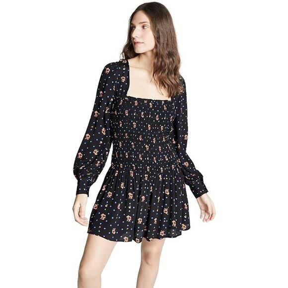 Free People Two Faces Mini Dress Black Floral Smocked Long Sleeve Size S - Picture 2 of 11